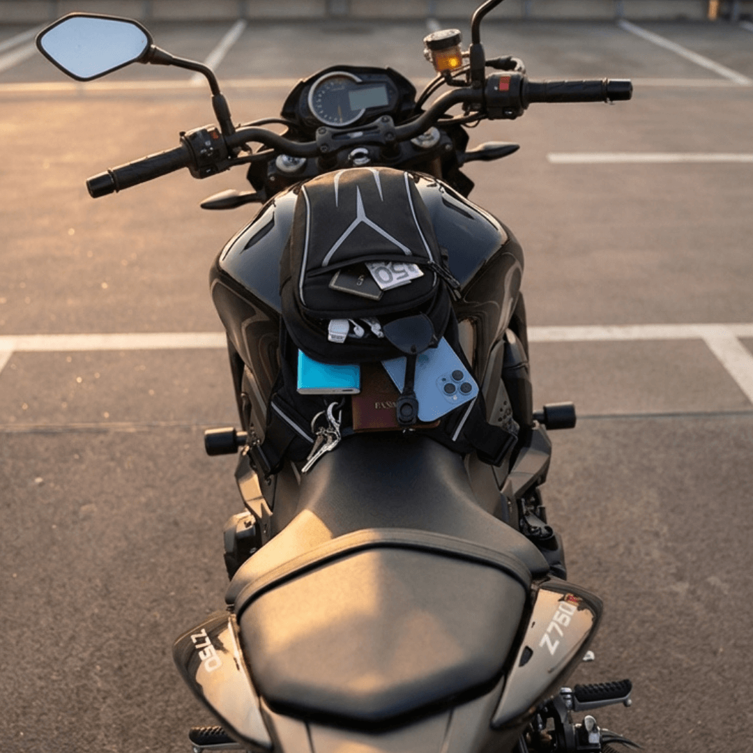 Motorcycle with the havoc leg bag on the tank showing what can fit into it